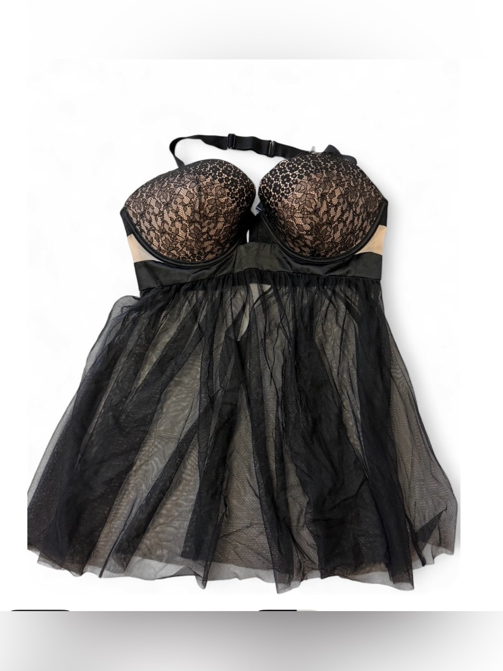 Victoria’s Secret Black Lace Babydoll Lingerie 34DD Sheer Mesh Push Up